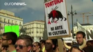 مظاهرة في مدريد تطالب بحظر تقاليد مصارعة ” الثيران ” ( فيديو )