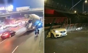 لحظة انهيار جسر فوق السيارات بالصين ( فيديو )